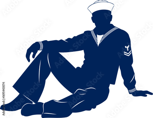navy sailor silhouette contemplative pose, nautical theme, peaceful ocean, isolated on transparent background