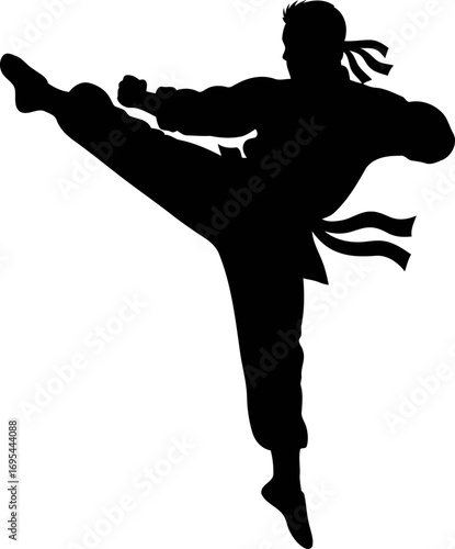 powerful martial arts silhouette dynamic kick, strength, and focus, isolated on transparent background