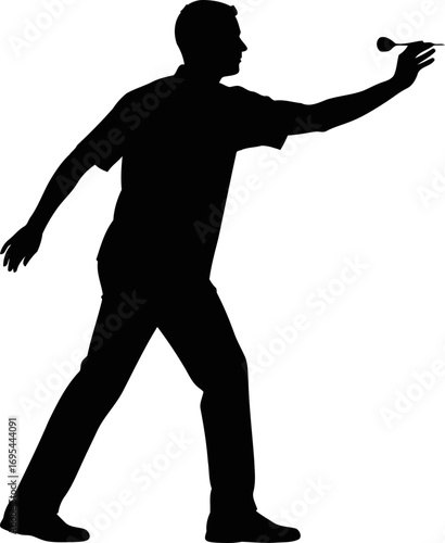 precise dart throw silhouette of focused player, intense concentration, perfect aim, isolated on transparent background