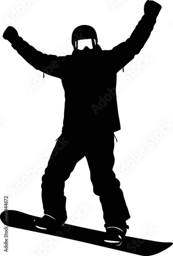 snowboarder silhouette triumphant pose, ecstatic victory, mountaintop achievement, isolated on transparent background