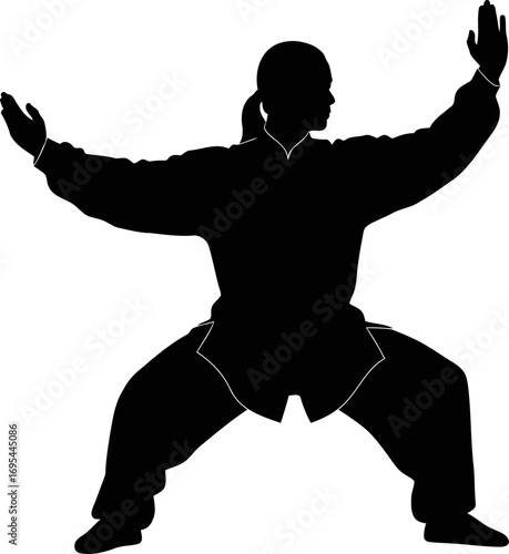 tai chi chuan silhouette the graceful warrior, finding inner peace, embracing the flow of qi, isolated on transparent background