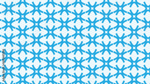 Seamless geometric pattern with abstract blue and white interlocking shapes in a repeating tessellation