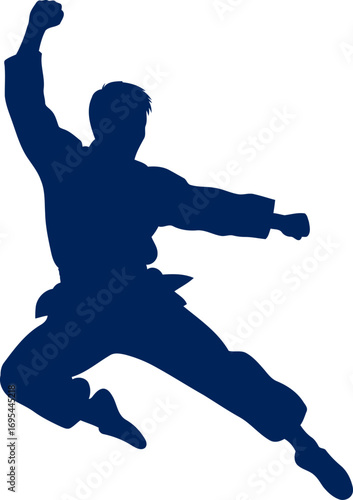 the karate kids dynamic leap effortless power, graceful flight, navy blue silhouette, isolated on transparent background