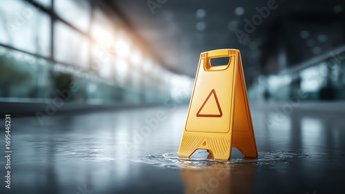 Yellow wet floor sign caution warning safety plastic indoor reflective water clean hazard modern empty alert shiny maintenance