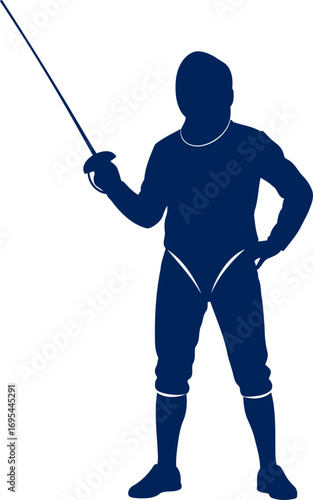the poised fencer a navy blue silhouette, elegant stance, swordsmanships grace, isolated on transparent background