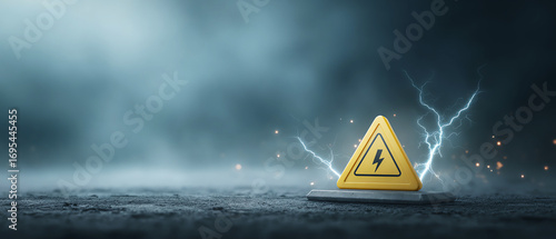 Yellow electrical hazard sign warning electricity danger caution symbol safety alert outdoor dramatic energy risk power lightning storm wet ground