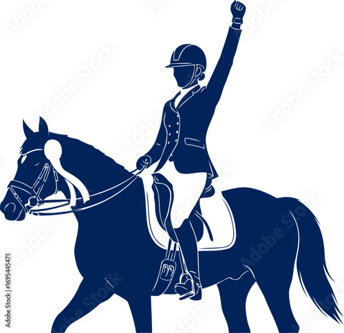 triumphant equestrian silhouette rider and horse celebrate victory, isolated on transparent background