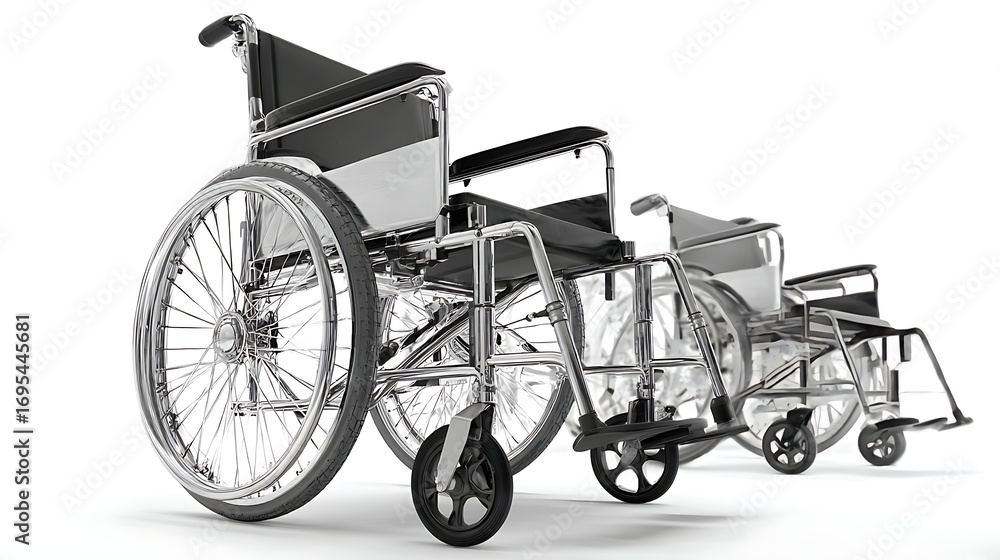 Fototapeta premium Row of Empty Shiny Chrome Wheelchairs on White Background, Disability Aid Equipment
