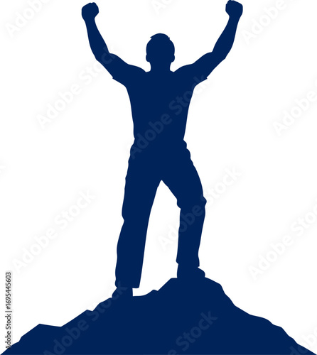triumphant silhouette celebrating victory, conquering challenges, reaching the summit, isolated on transparent background