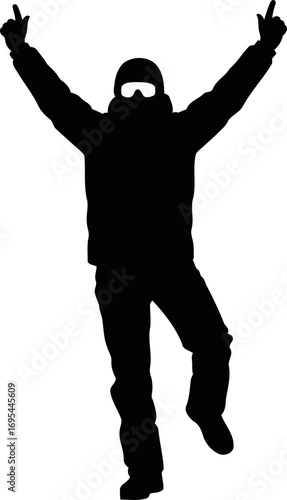 triumphant snowboarder silhouette ecstatic victory celebration on snowy peak, isolated on transparent background