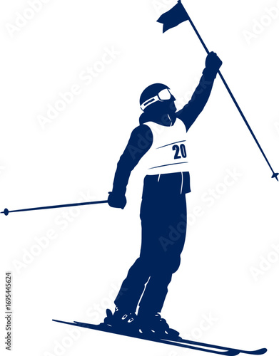 triumphant skier silhouette celebrating victory, alpine glory, blue hues majesty, isolated on transparent background