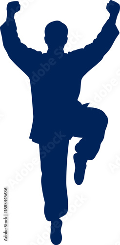 victorious martial artist silhouette triumphant pose, celebratory gesture, ultimate achievement, isolated on transparent background