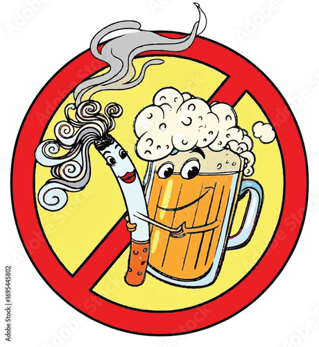 Cartoon illustration depicting a cigarette and a beer mug embracing, with a prohibition sign overlay.