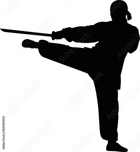 warrior woman silhouette swordsmanship, graceful power, and unwavering focus, isolated on transparent background