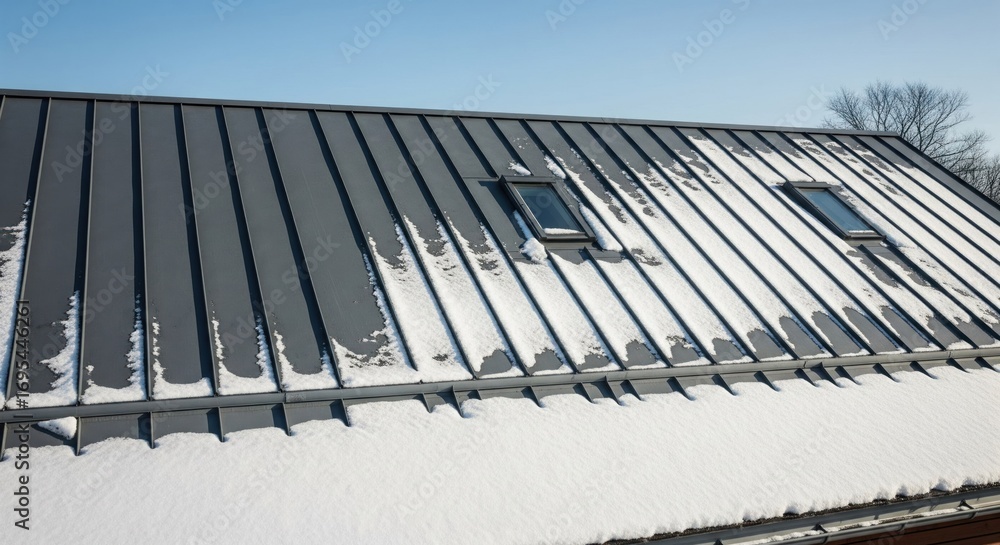 Fototapeta premium Snowy Metal Roof with Skylights