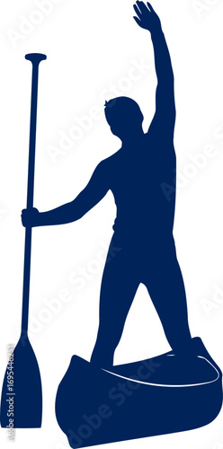 canoeist silhouette triumphant pose, peaceful paddle, serene waterscape, isolated on transparent background