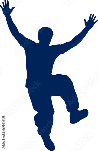 dynamic silhouette of a joyful man celebratory jump, uplifting energy, exuberant pose, isolated on transparent background