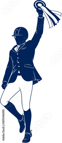 equestrian champion silhouette celebrating victory, triumphant rider, blue ribbon glory, isolated on transparent background