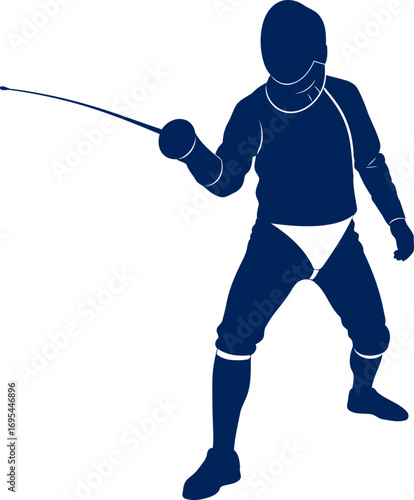 navy blue fencing silhouette poised athlete, elegance in motion, precise strike, isolated on transparent background