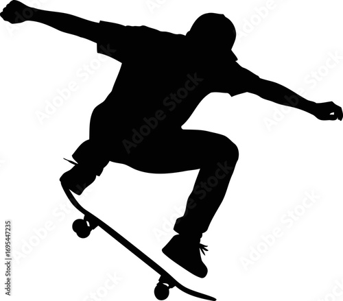 skateboard silhouette dynamic air, urban cool, extreme sports action, isolated on transparent background