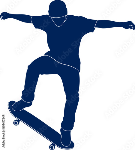 skateboard silhouette dynamic balance, urban cool, effortless grace, extreme sports action, isolated on transparent background
