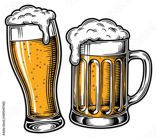 Two glasses of beer with foam, one tall and one mug.