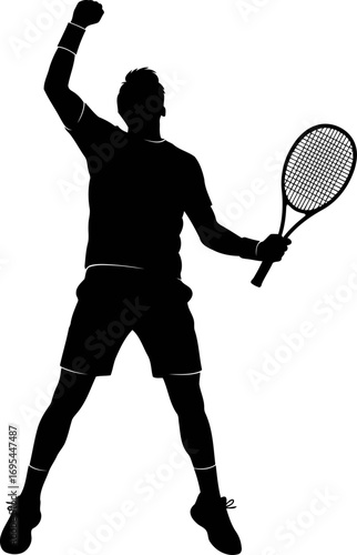 tennis champion silhouette triumphant pose, celebratory jump, pure victory, isolated on transparent background