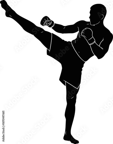 the muay thai fighters silhouette a dynamic pose, striking power, and the art of eight limbs, isolated on transparent background