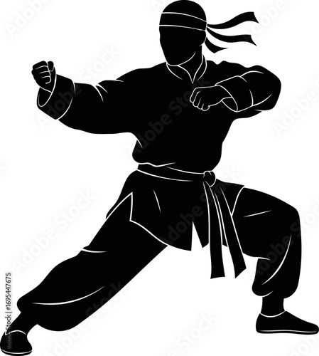 the silent warrior mastering the art of wu shu, a striking silhouette of strength and grace, isolated on transparent background