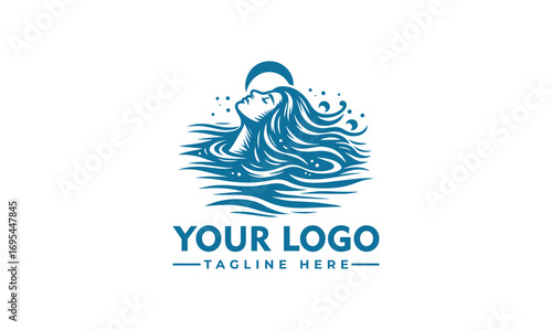 A stylized logo featuring a woman emerging from water, looking upwards towards the moon.