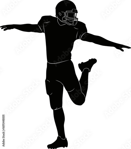 american football silhouette triumphant victory pose, dynamic athlete, celebration action, isolated on transparent background
