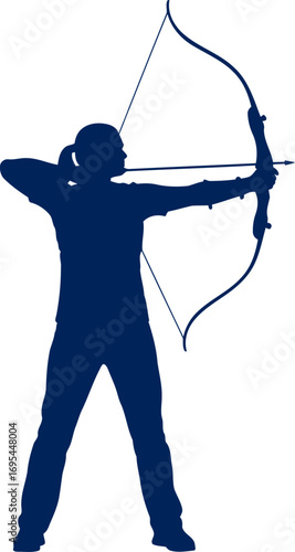 archery silhouette focused, poised archer aiming for perfection, embodying precision and unwavering concentration, isolated on transparent background