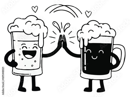 Two cartoon beer mugs high-fiving each other.
