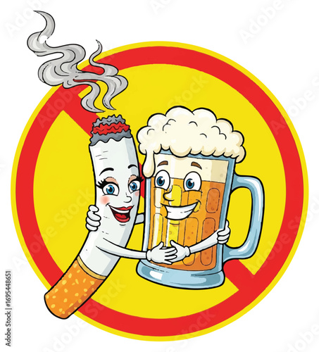 Cartoon of a cigarette and beer hugging inside a prohibition sign.