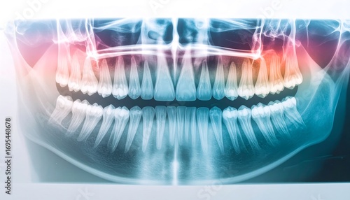 Panoramic dental x-ray showcasing teeth and jaw structure for medical analysis