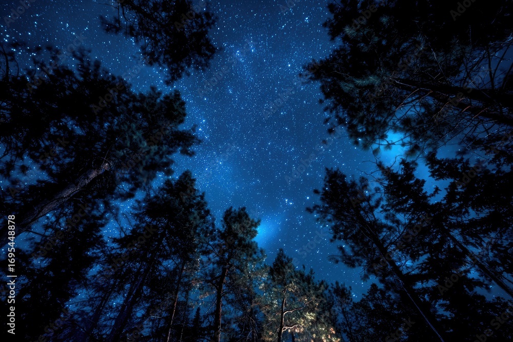 Fototapeta premium Night sky through dark forest canopy
