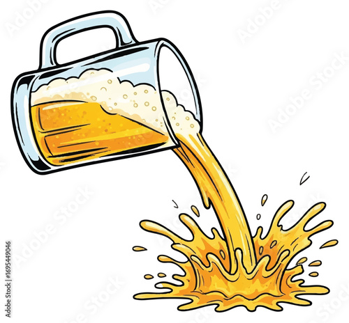 A glass mug pouring beer, liquid splashing.