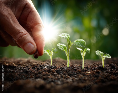 A hand carefully plants a seed near young sprouts emerging from dark soil, bathed in a bright, lens-flared sunlight against a soft green backdrop