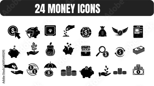 Diverse collection of 24 versatile money and finance icons, essential for illustrating banking, investment, and wealth management concepts in modern design projects