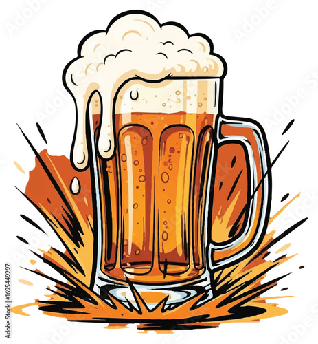 A dynamic cartoon illustration of a full beer mug overflowing with a thick, frothy head against a splash background.