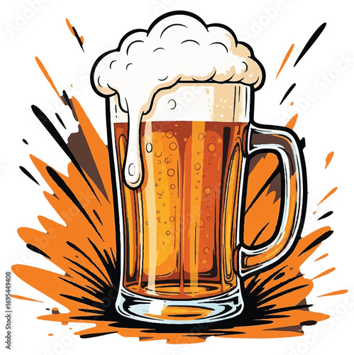 A frothy mug of golden beer with bubbles and an orange splash background.
