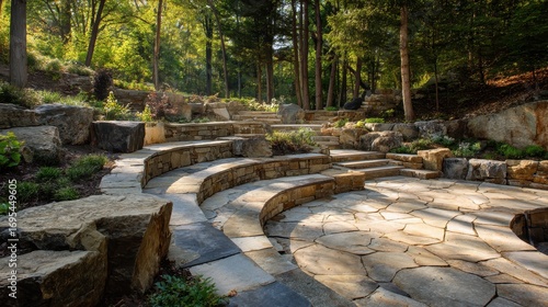 Serene tiered stone amphitheater nestled within a sun-dappled forest landscape