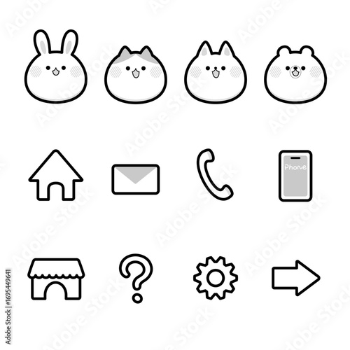 かわいい動物とシンプルなUIのアイコンセット_モノクロ＊EPS版