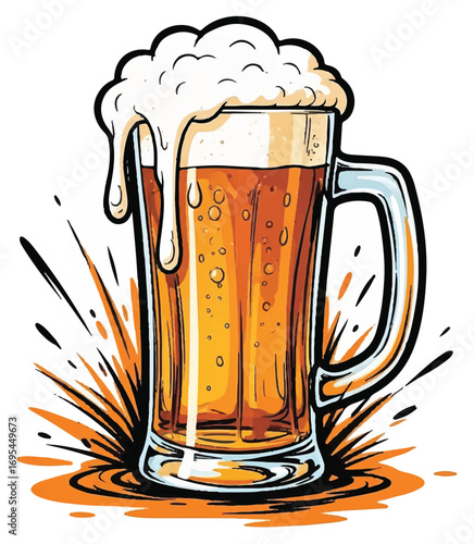 Illustration of a full beer mug with overflowing foam and a splash effect.