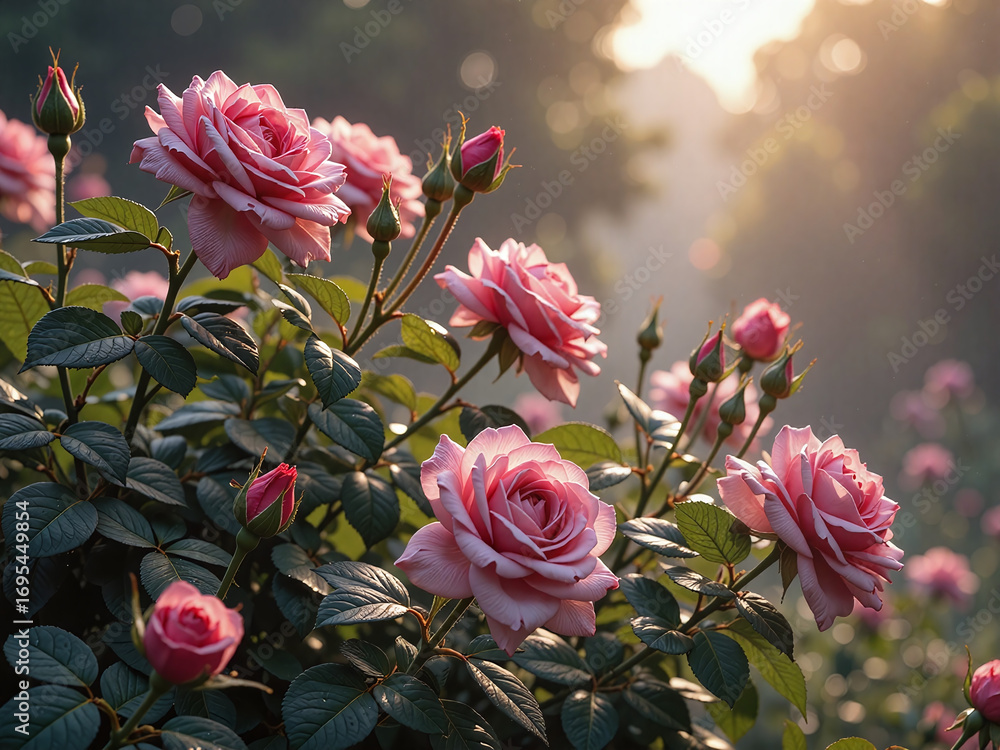 Obraz premium Morning dew on rose bushes with soft light,Glittering dew enhances the delicate beauty of roses at sunrise.