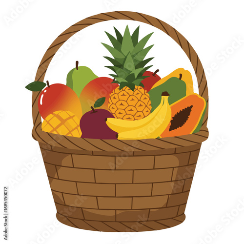A bountiful wicker basket overflowing with fresh tropical fruits is a minimalist flat 2D vector illustration with smooth lineless shapes and solid colors on white.
