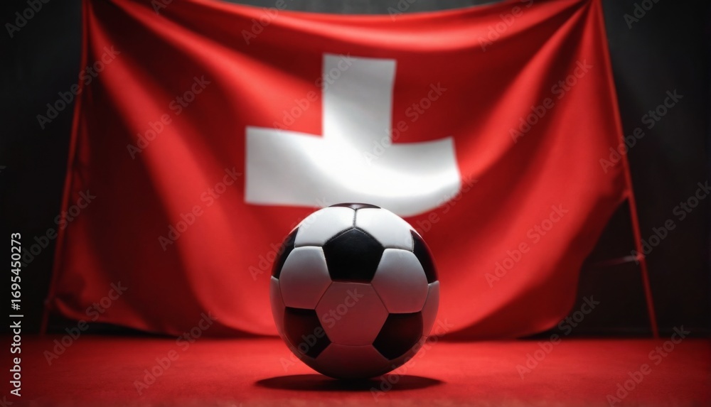 Fototapeta premium Soccer ball in front of waving red flag with white cross, creating dramatic contrast in dimly lit setting.