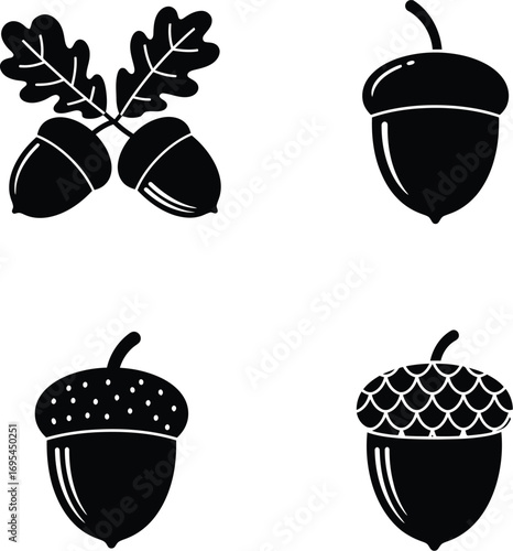 Monochrome Acorn Icons Set with Leaves and Textured Caps illustration