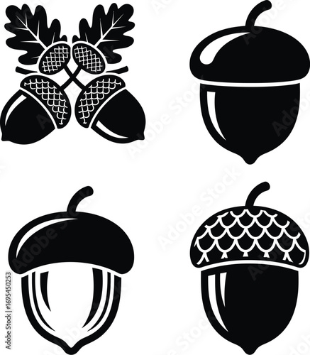 Monochrome Acorn Icons Set with Leaves and Textured Caps illustration