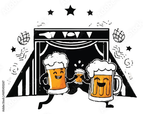 Two cartoon beer mugs toasting with frothy heads and happy faces, set against a backdrop resembling a stage or circus tent with stars and hops.
